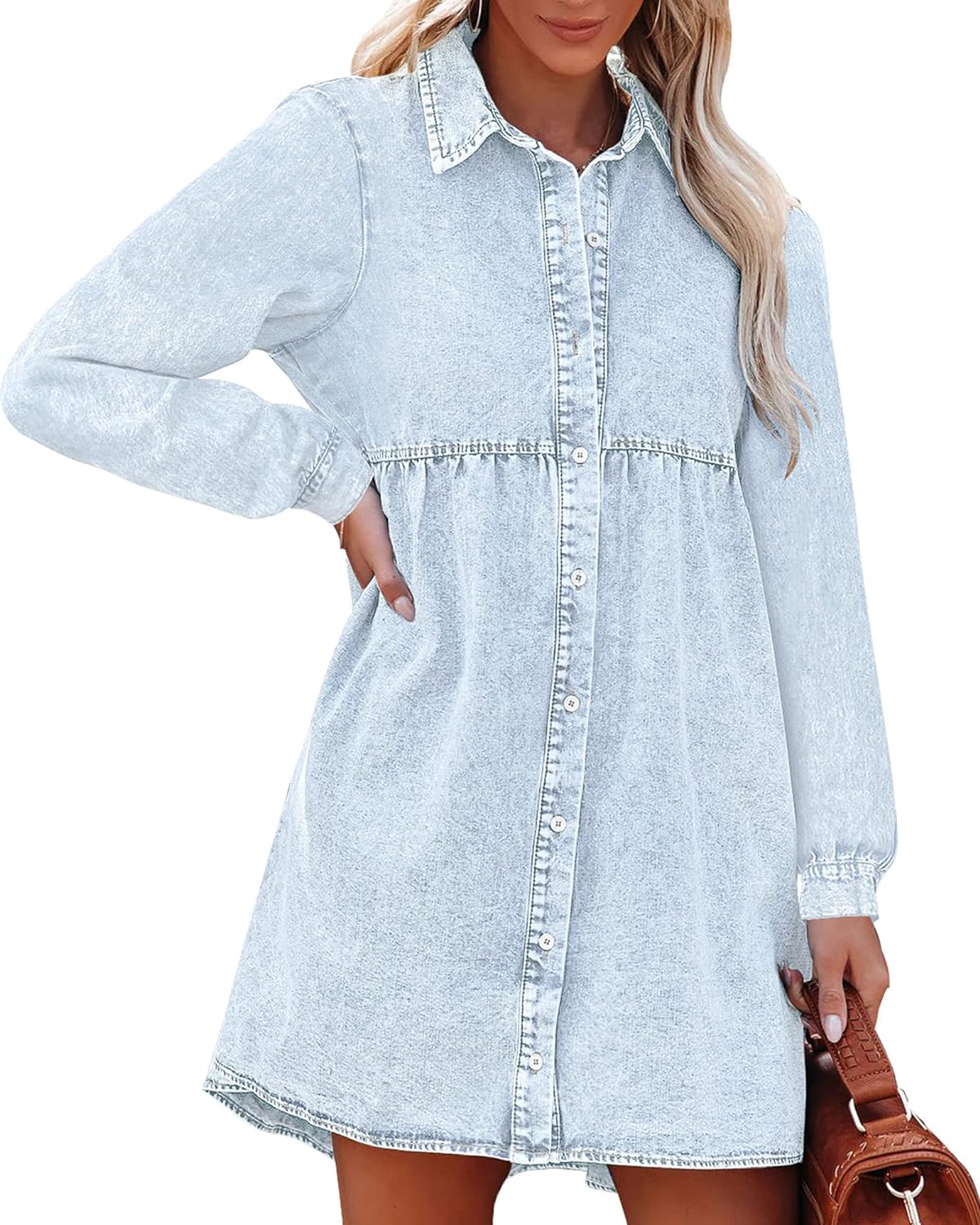 luvamia Denim Dress for Women Babydoll Flowy Cute Jean Shirt Dresses Long Sleeves
