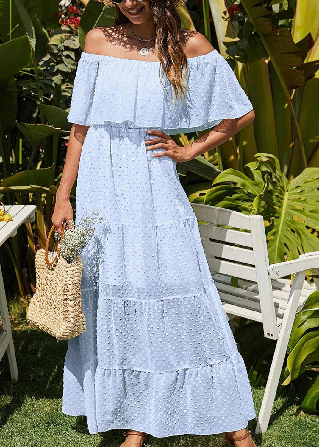 KIRUNDO Women's 2024 Summer Off Shoulder Maxi Dress Swiss Dot Short Sleeve High Waist Ruffle Tiered Flowy Long Dresses