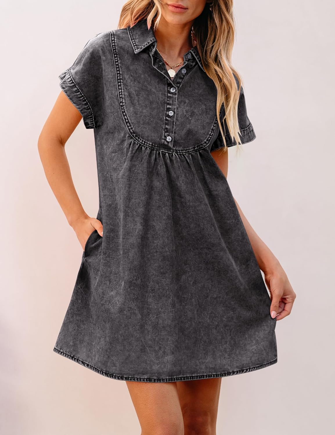 luvamia Denim Dress for Women Summer Short Sleeve Button Down Collared Pleated Western Jean Dresses with Pockets Relaxed