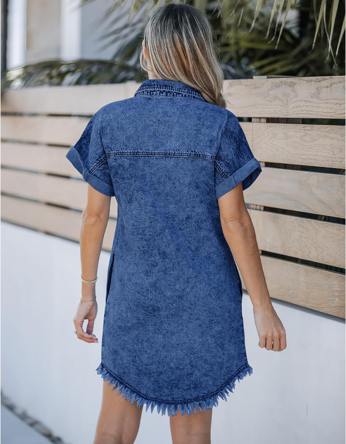 luvamia Denim Dress for Women Button Down Short Sleeves Casual Summer Jean Shirt Dresses with Pockets Frayed Hem