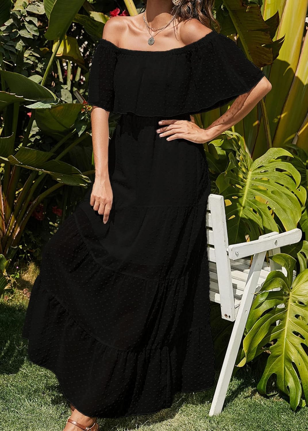 KIRUNDO Women's 2024 Summer Off Shoulder Maxi Dress Swiss Dot Short Sleeve High Waist Ruffle Tiered Flowy Long Dresses