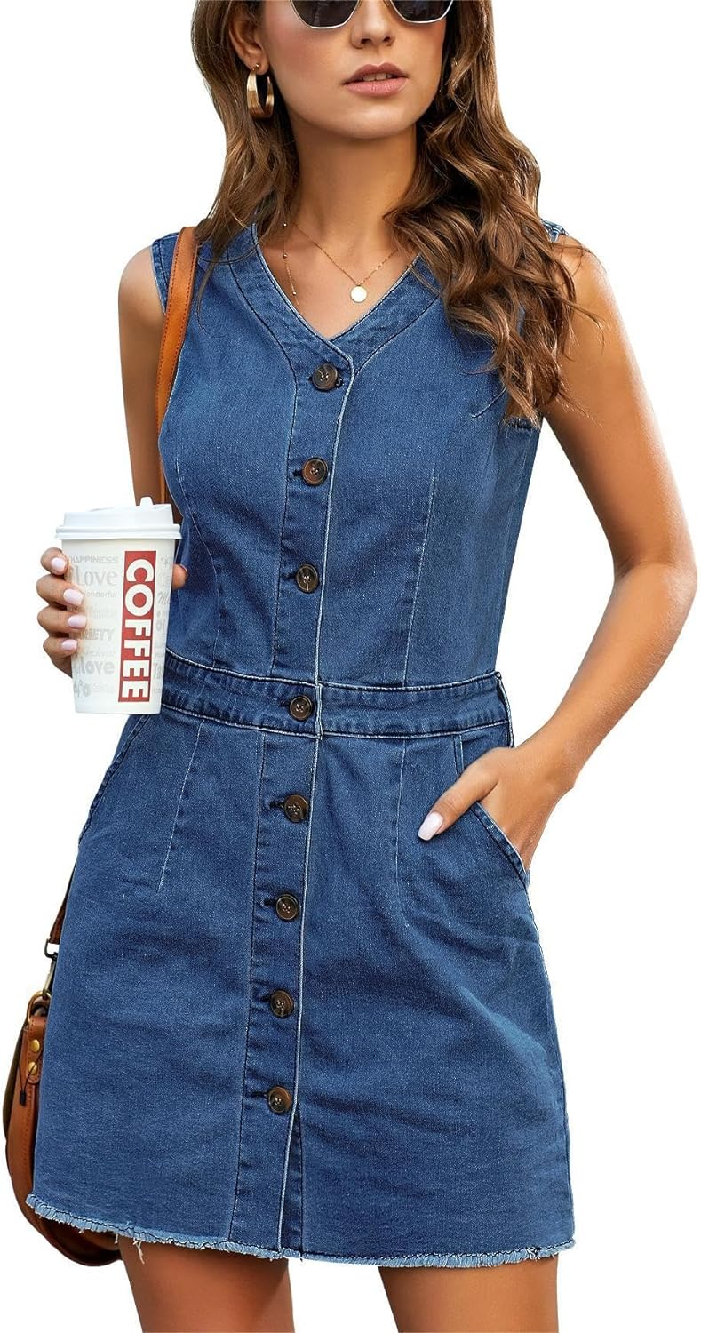 luvamia Women's Casual V Neck Sleeveless Jeans Button Down Denim Short Dress