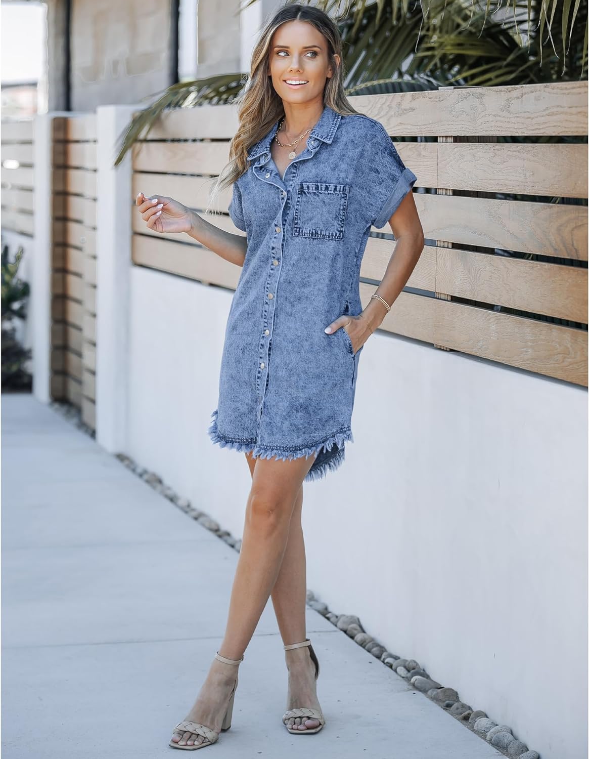 luvamia Denim Dress for Women Button Down Short Sleeves Casual Summer Jean Shirt Dresses with Pockets Frayed Hem