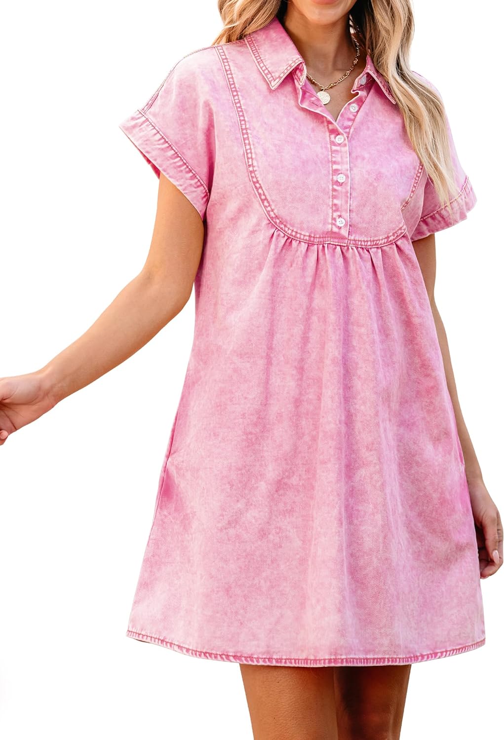 luvamia Denim Dress for Women Summer Short Sleeve Button Down Collared Pleated Western Jean Dresses with Pockets Relaxed