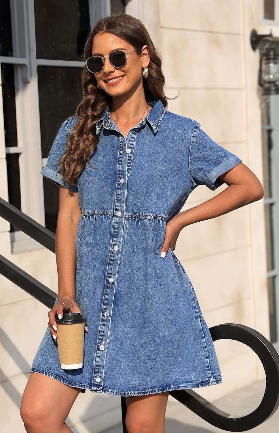 KDF Denim Dress for Women with Pockets Short Sleeve Babydoll Denim Shirt Dresses for Women 2023
