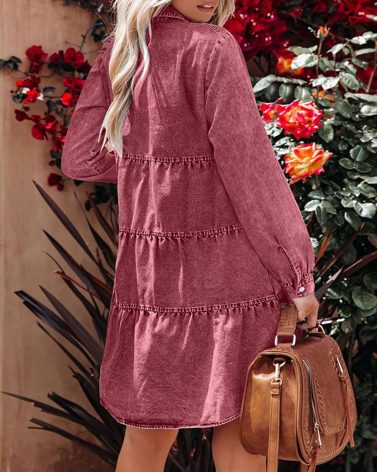 luvamia Denim Dress for Women Babydoll Flowy Cute Jean Shirt Dresses Long Sleeves