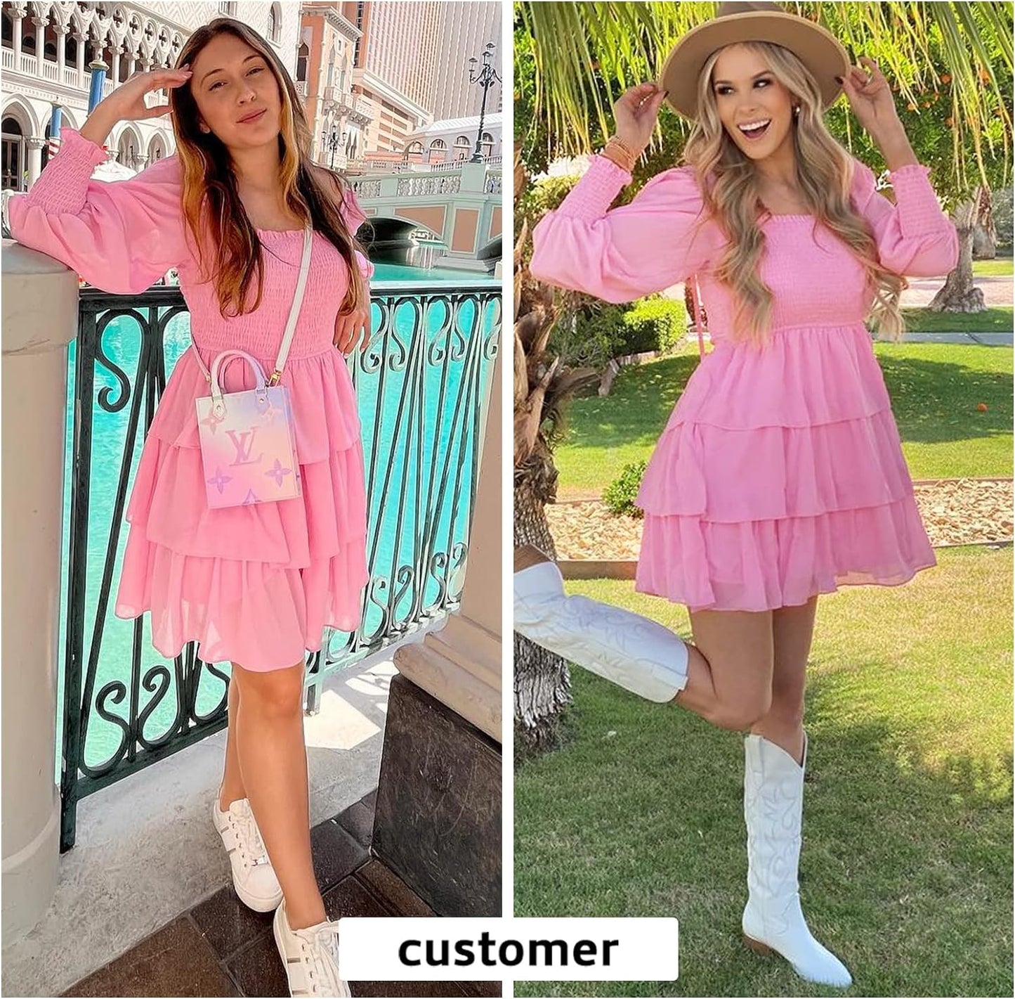 Byinns Women's 2024 Square Neck Ruffle Dress Long Sleeve Floral Print Tiered Tie Back Layered Swing Mini Dress