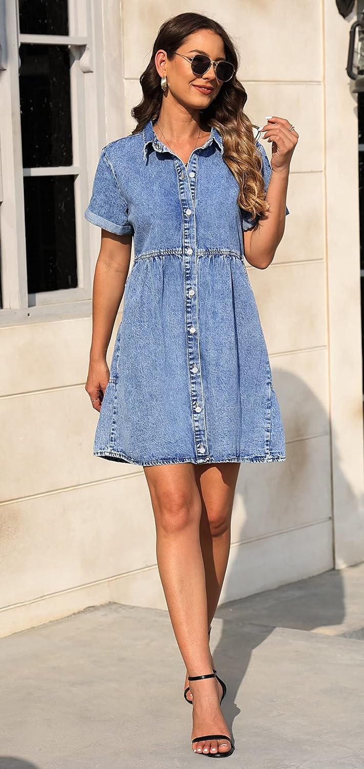 KDF Denim Dress for Women with Pockets Short Sleeve Babydoll Denim Shirt Dresses for Women 2023