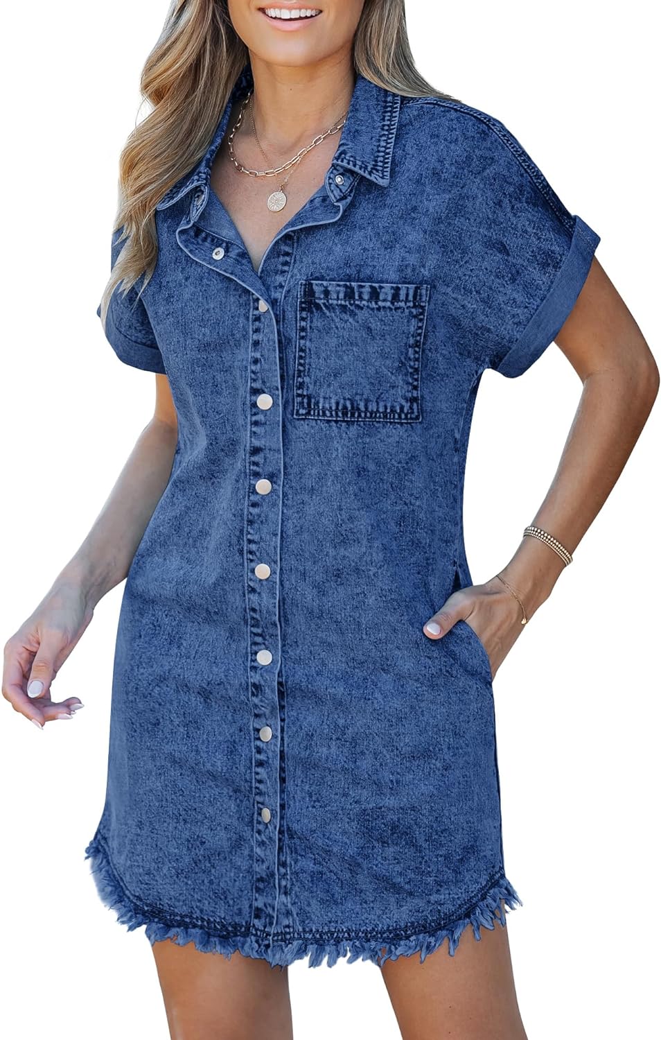 luvamia Denim Dress for Women Button Down Short Sleeves Casual Summer Jean Shirt Dresses with Pockets Frayed Hem