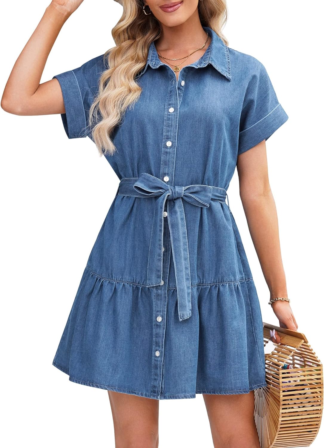 GRAPENT Denim Dress for Women Summer Button Down Belted Short Dresses Flowy Western Casual Jean Dress