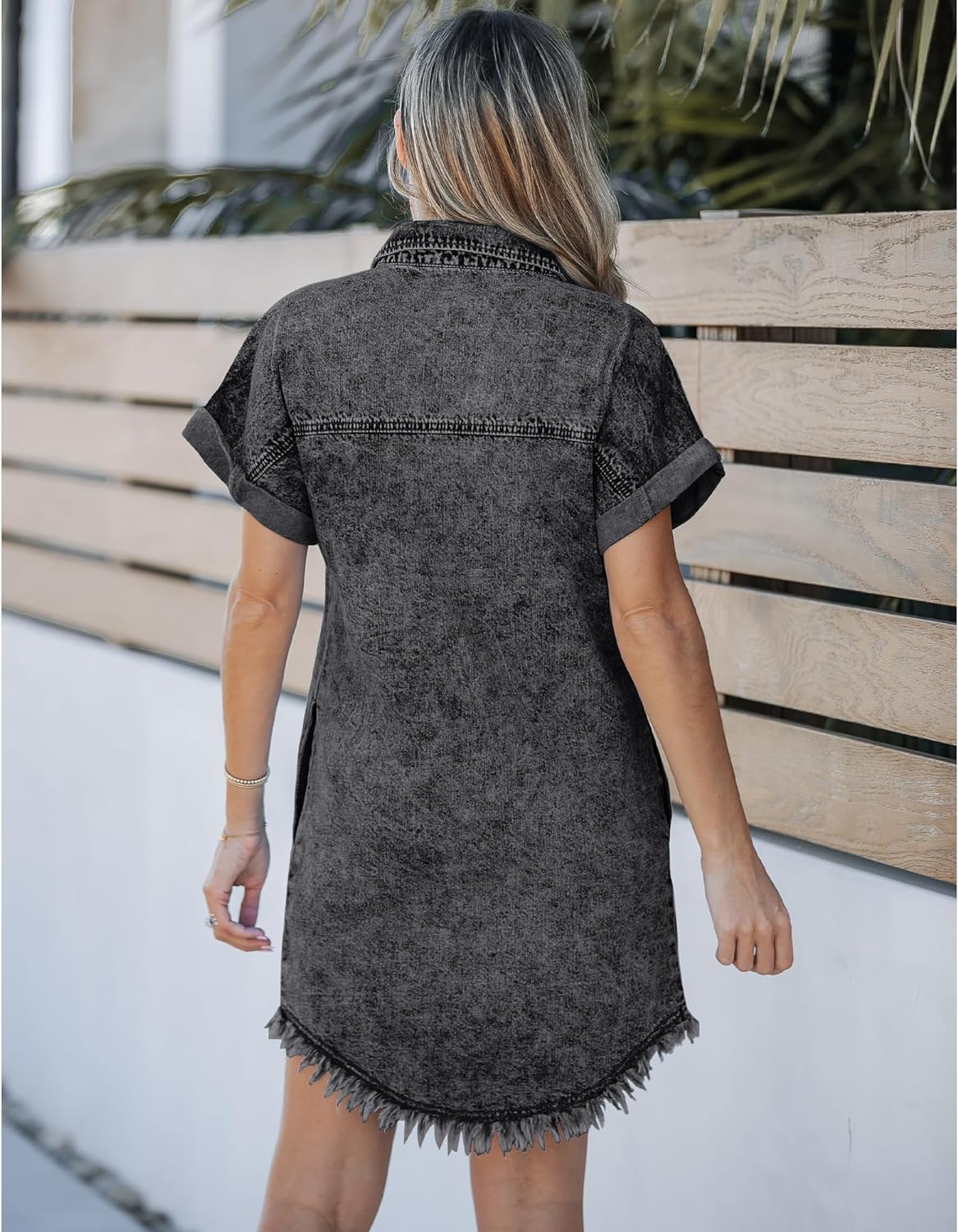 luvamia Denim Dress for Women Button Down Short Sleeves Casual Summer Jean Shirt Dresses with Pockets Frayed Hem