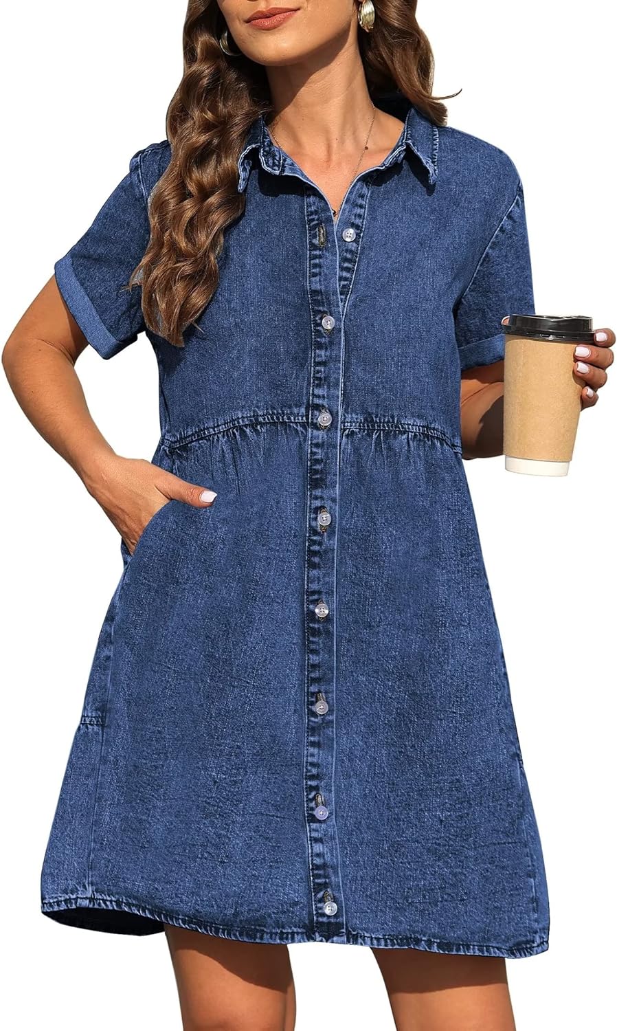 KDF Denim Dress for Women with Pockets Short Sleeve Babydoll Denim Shirt Dresses for Women 2023