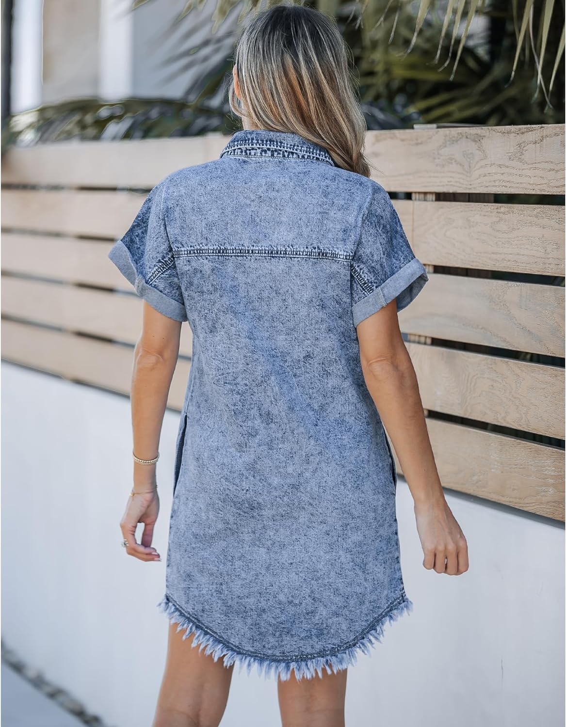 luvamia Denim Dress for Women Button Down Short Sleeves Casual Summer Jean Shirt Dresses with Pockets Frayed Hem