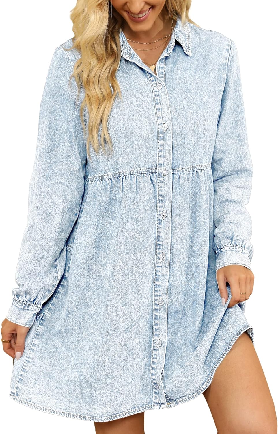 luvamia Denim Dress for Women Babydoll Flowy Cute Jean Shirt Dresses Long Sleeves