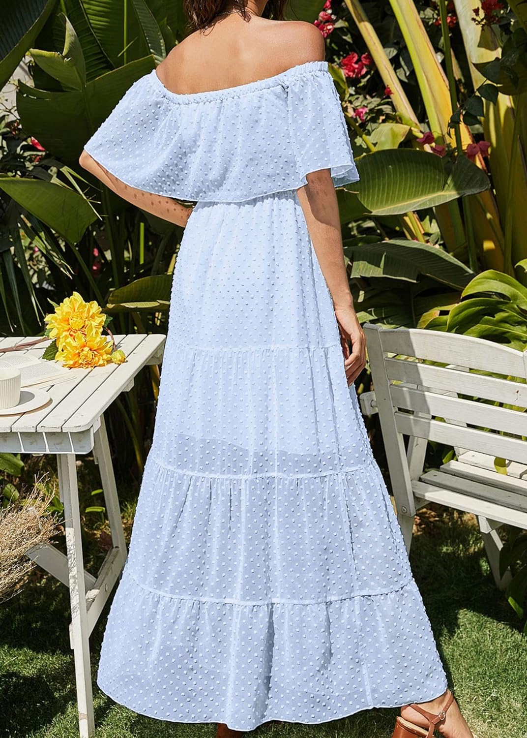 KIRUNDO Women's 2024 Summer Off Shoulder Maxi Dress Swiss Dot Short Sleeve High Waist Ruffle Tiered Flowy Long Dresses