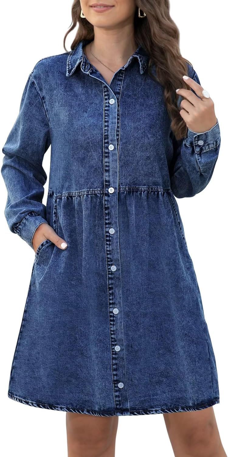 KDF Denim Dress for Women with Pockets Short Sleeve Babydoll Denim Shirt Dresses for Women 2023