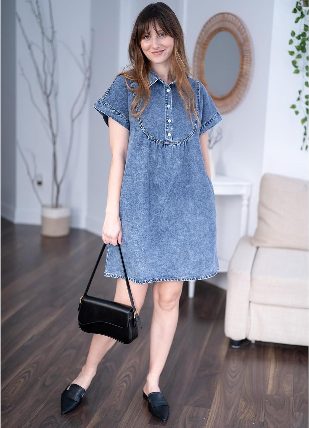 luvamia Denim Dress for Women Summer Short Sleeve Button Down Collared Pleated Western Jean Dresses with Pockets Relaxed