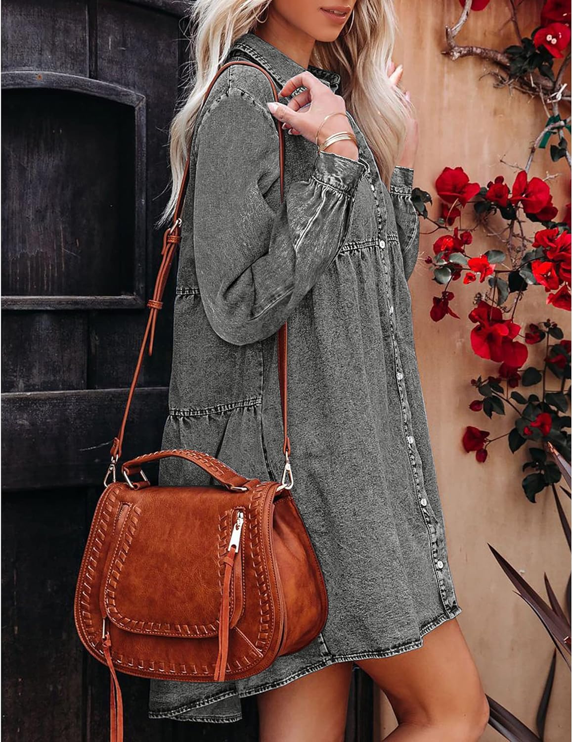 luvamia Denim Dress for Women Babydoll Flowy Cute Jean Shirt Dresses Long Sleeves