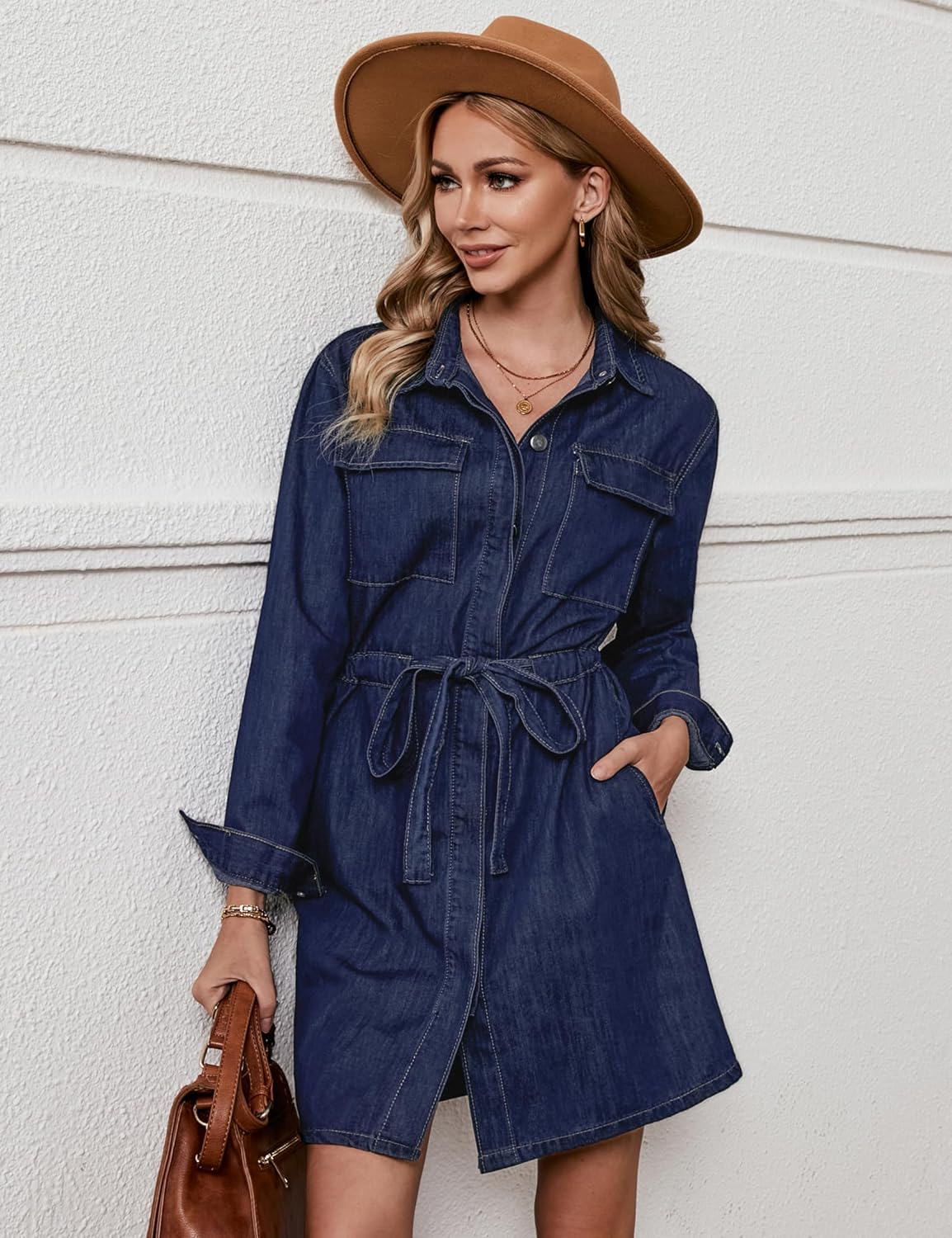 luvamia Denim Dress for Women Long Sleeve Jean Button Down Shirt Dresses with Pockets Casual Fashion Shift Short Dress