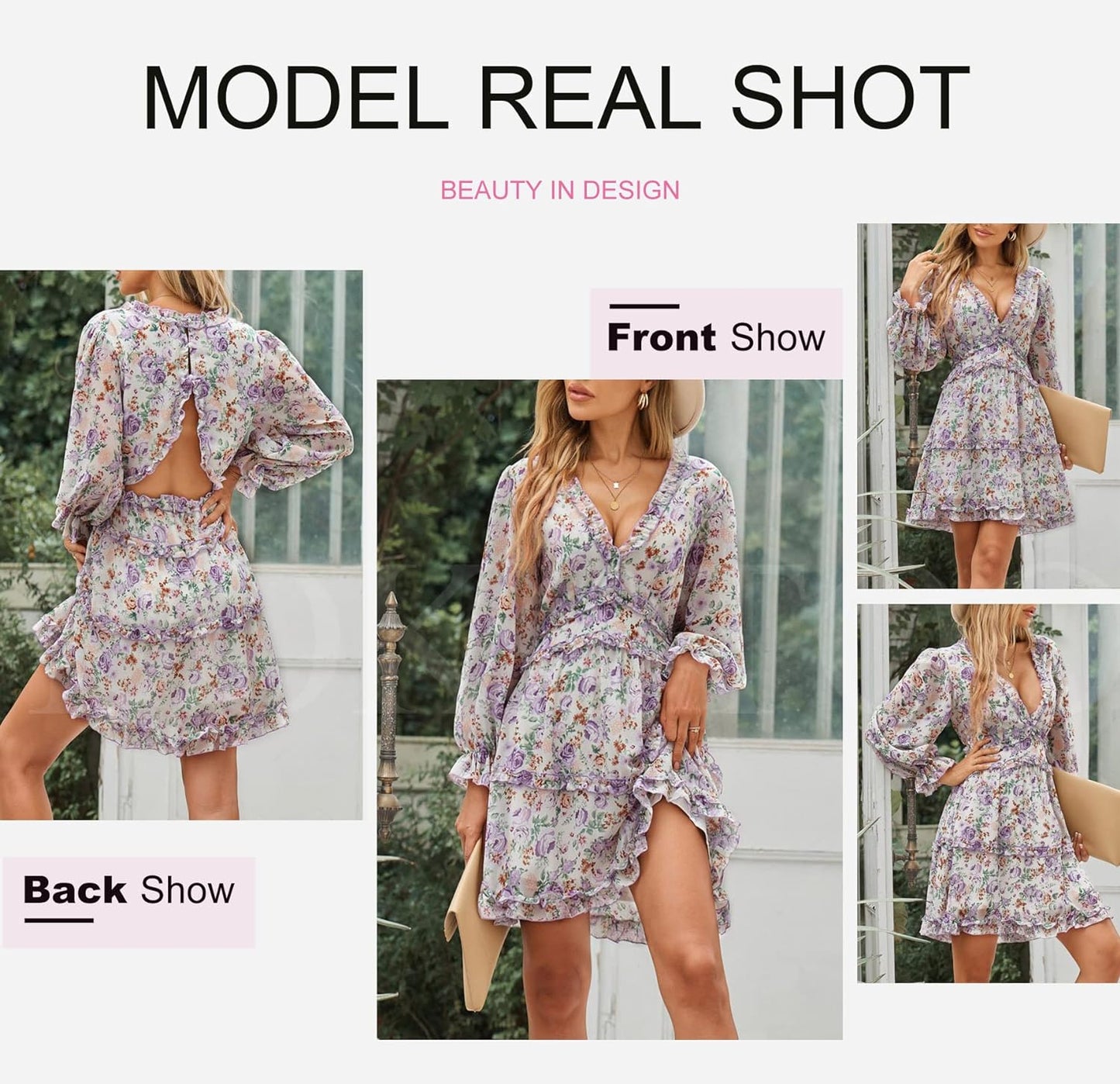 Dokotoo Womens 2024 Spring Summer Deep V Neck Ruffle Floral Flowy Mini Dress