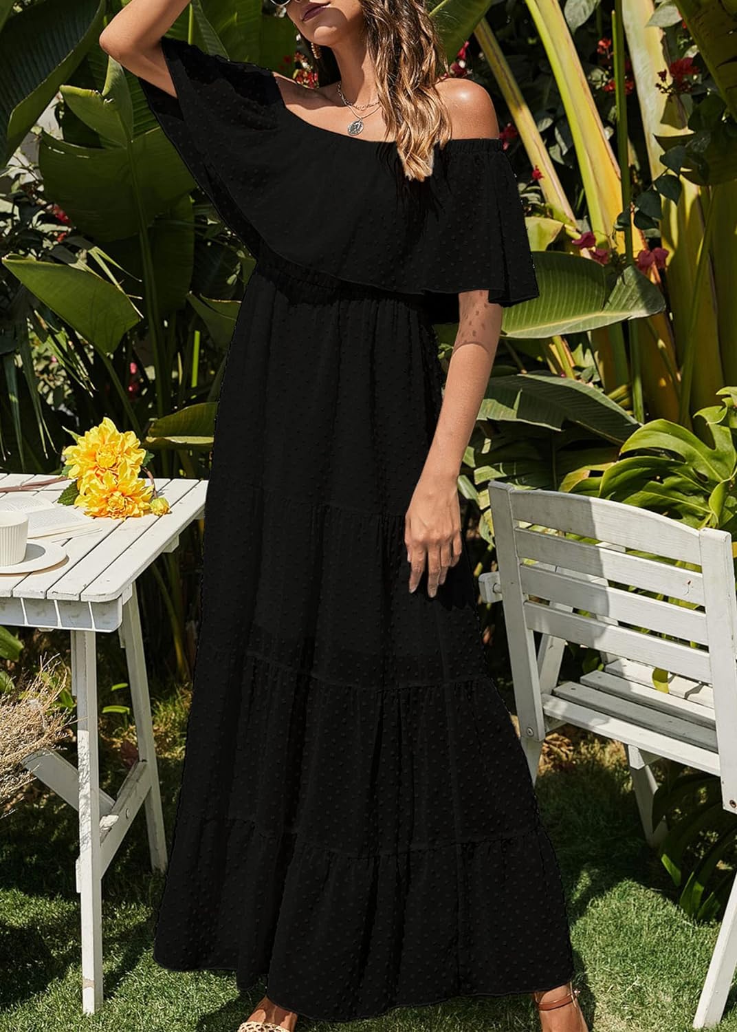 KIRUNDO Women's 2024 Summer Off Shoulder Maxi Dress Swiss Dot Short Sleeve High Waist Ruffle Tiered Flowy Long Dresses