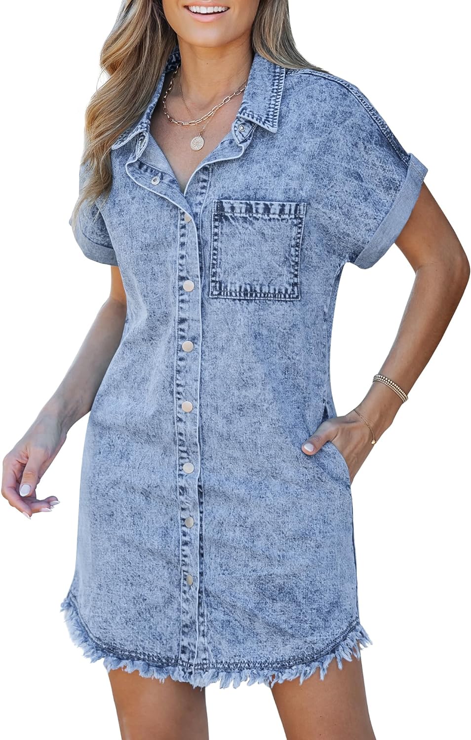 luvamia Denim Dress for Women Button Down Short Sleeves Casual Summer Jean Shirt Dresses with Pockets Frayed Hem