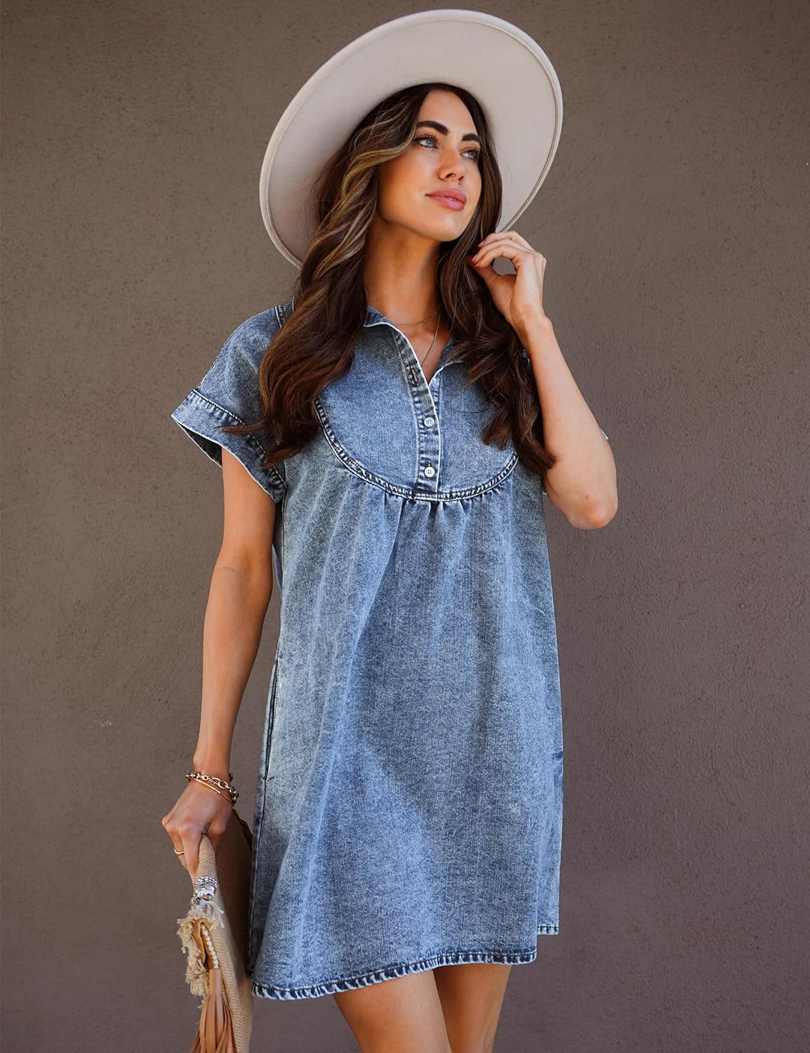 luvamia Denim Dress for Women Summer Short Sleeve Button Down Collared Pleated Western Jean Dresses with Pockets Relaxed