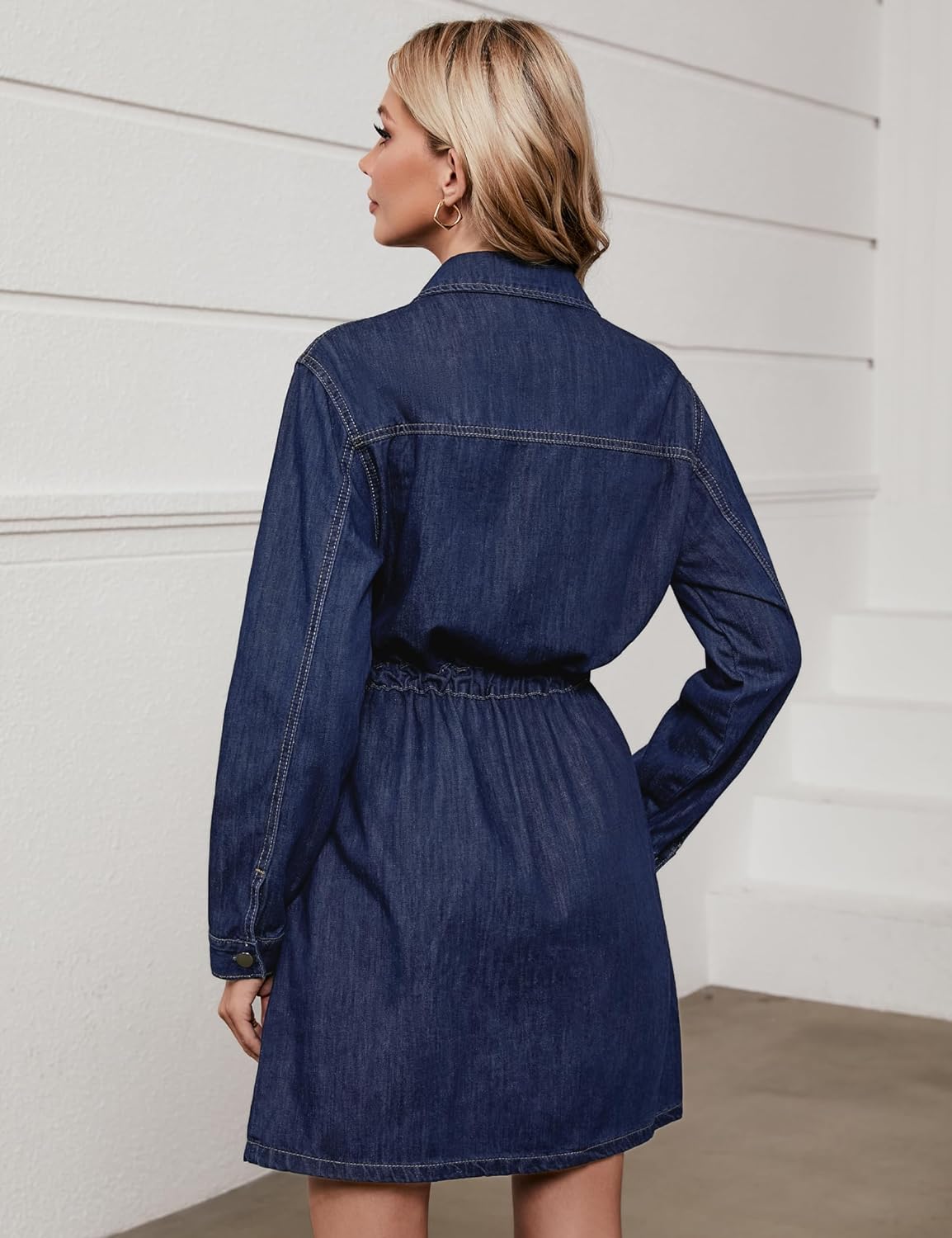 luvamia Denim Dress for Women Long Sleeve Jean Button Down Shirt Dresses with Pockets Casual Fashion Shift Short Dress