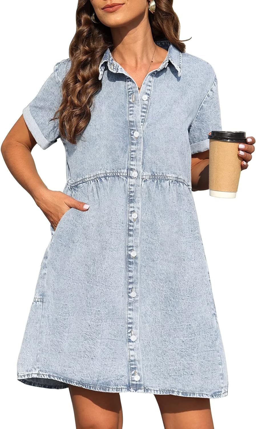 KDF Denim Dress for Women with Pockets Short Sleeve Babydoll Denim Shirt Dresses for Women 2023