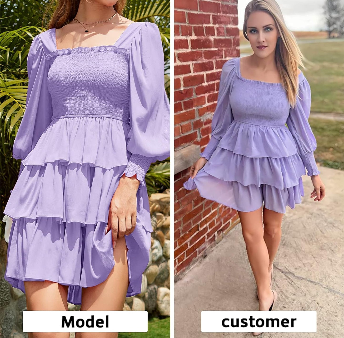 Byinns Women's 2024 Square Neck Ruffle Dress Long Sleeve Floral Print Tiered Tie Back Layered Swing Mini Dress