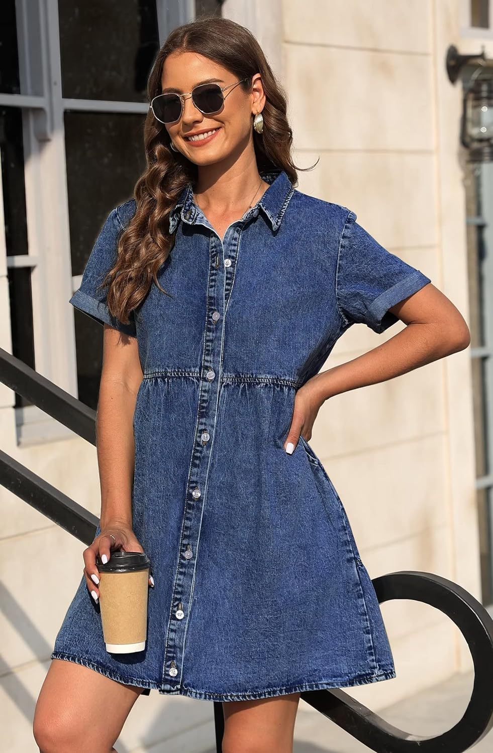 KDF Denim Dress for Women with Pockets Short Sleeve Babydoll Denim Shirt Dresses for Women 2023
