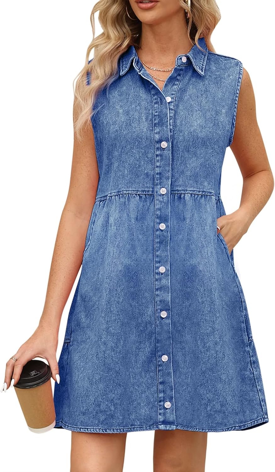 KDF Denim Dress for Women with Pockets Short Sleeve Babydoll Denim Shirt Dresses for Women 2023