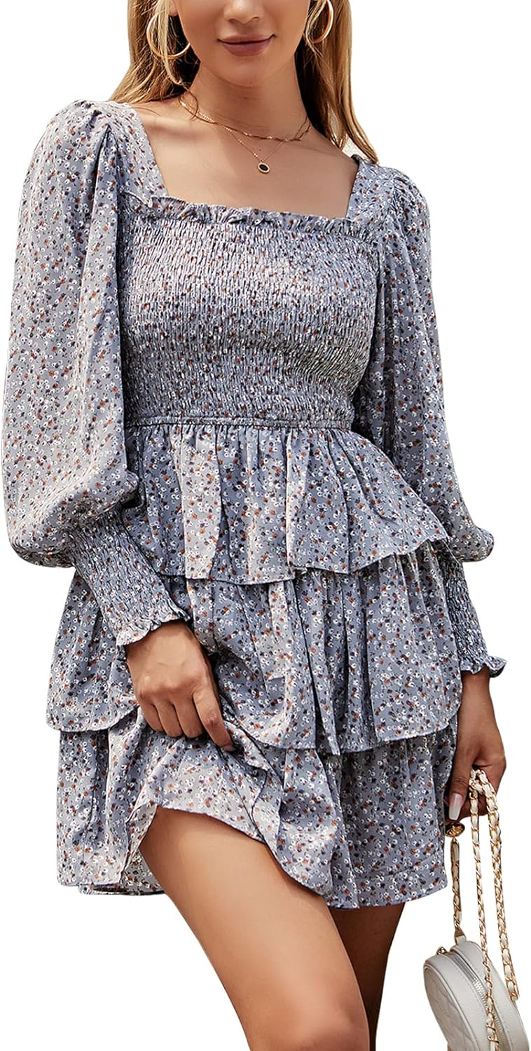 Byinns Women's 2024 Square Neck Ruffle Dress Long Sleeve Floral Print Tiered Tie Back Layered Swing Mini Dress