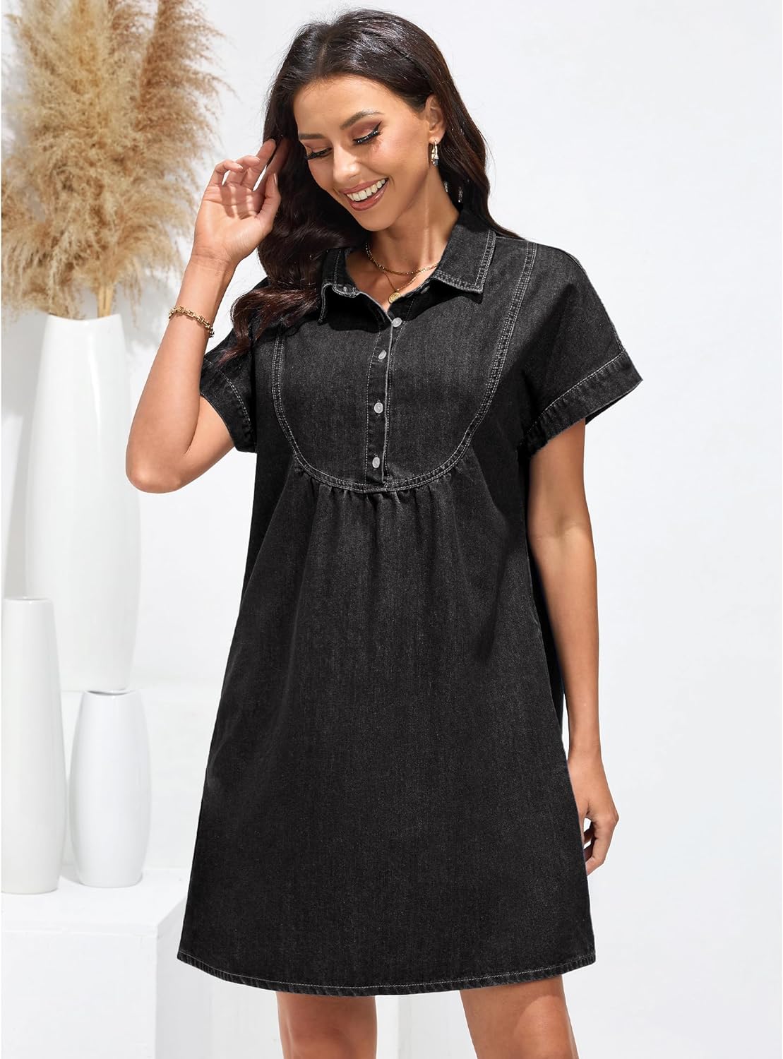 luvamia Denim Dress for Women Summer Short Sleeve Button Down Collared Pleated Western Jean Dresses with Pockets Relaxed