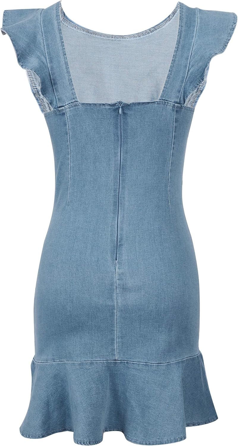 MYHALF Women's Casual Round Neck Ruffle Trim Sleeveless Denim A Line Mini Dress