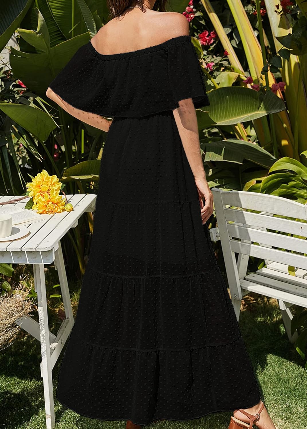 KIRUNDO Women's 2024 Summer Off Shoulder Maxi Dress Swiss Dot Short Sleeve High Waist Ruffle Tiered Flowy Long Dresses