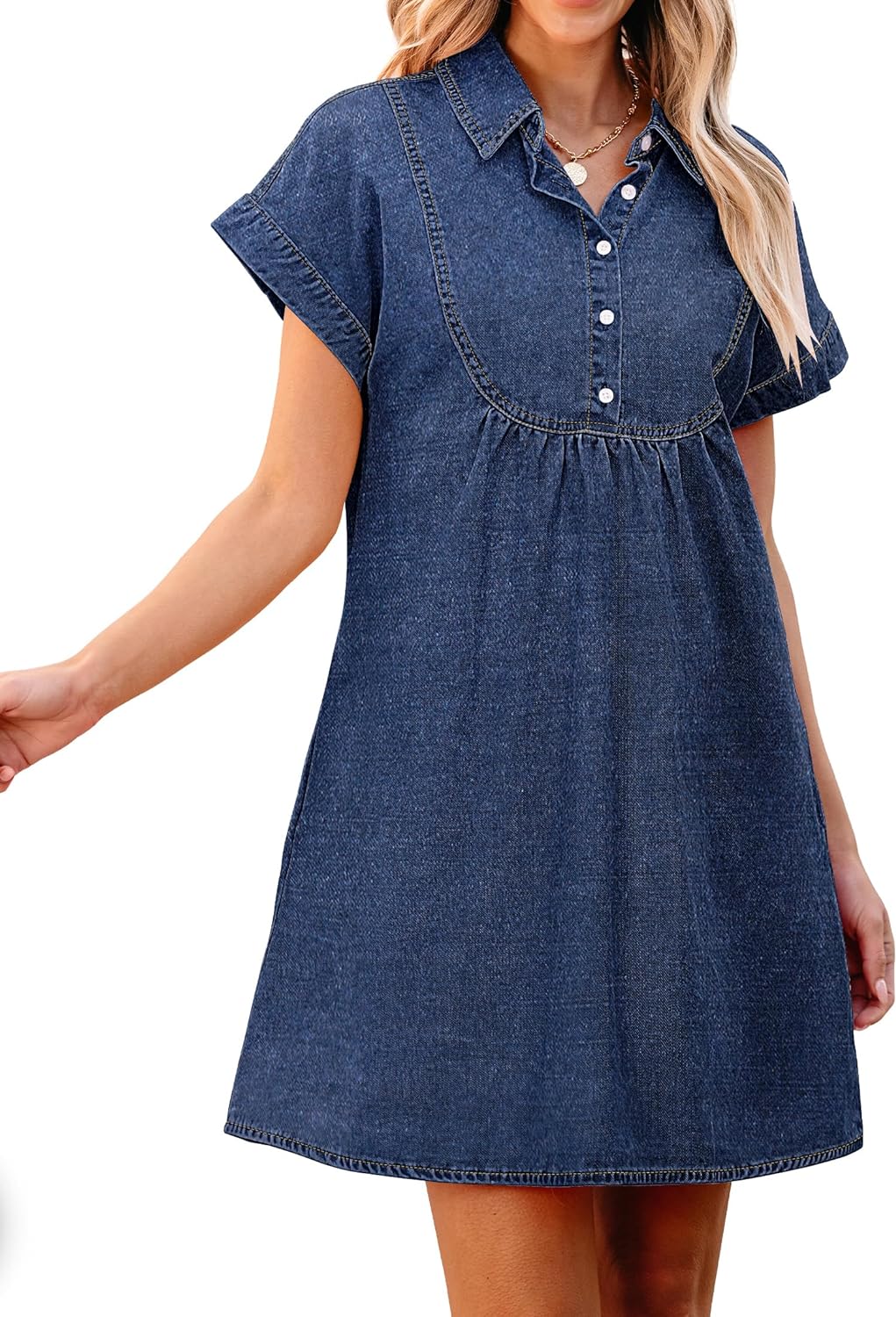 luvamia Denim Dress for Women Summer Short Sleeve Button Down Collared Pleated Western Jean Dresses with Pockets Relaxed