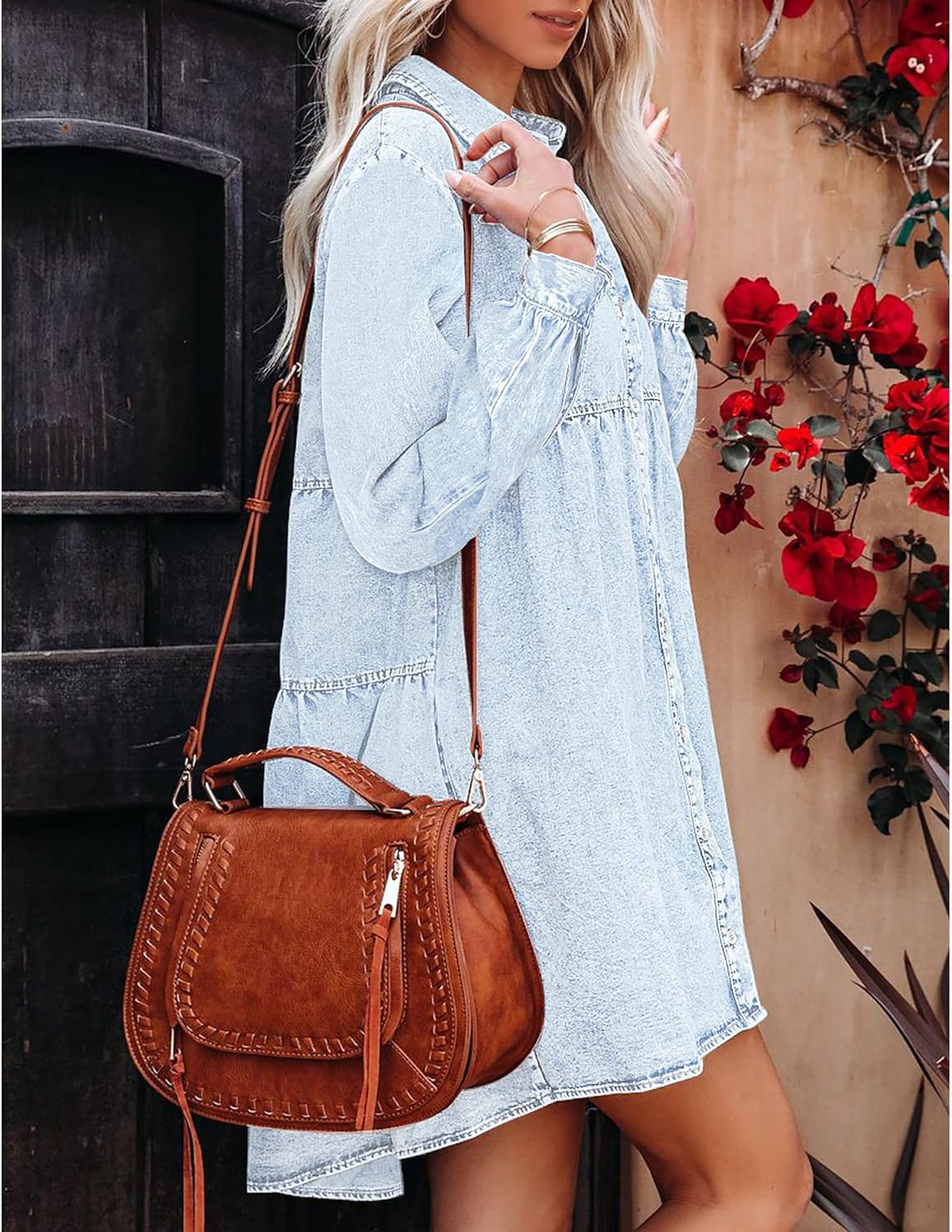 luvamia Denim Dress for Women Babydoll Flowy Cute Jean Shirt Dresses Long Sleeves