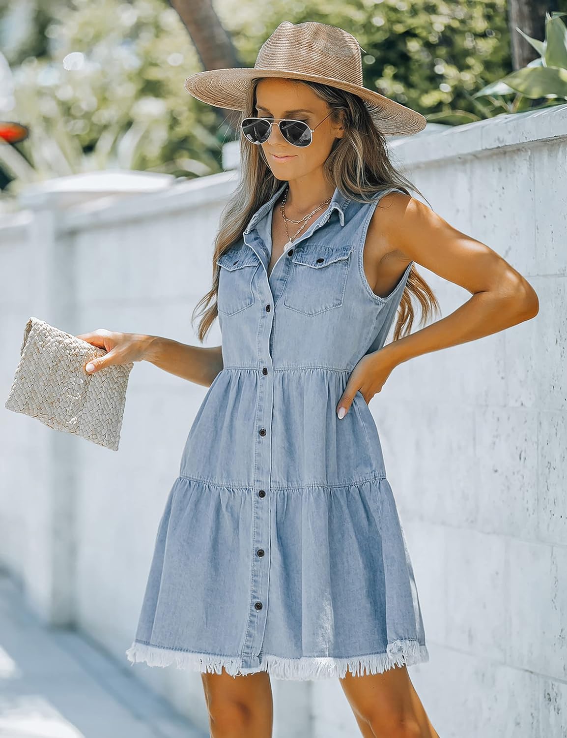 luvamia Women's Casual Summer Lapel Sleeveless Button Down Short Denim Jean Dress