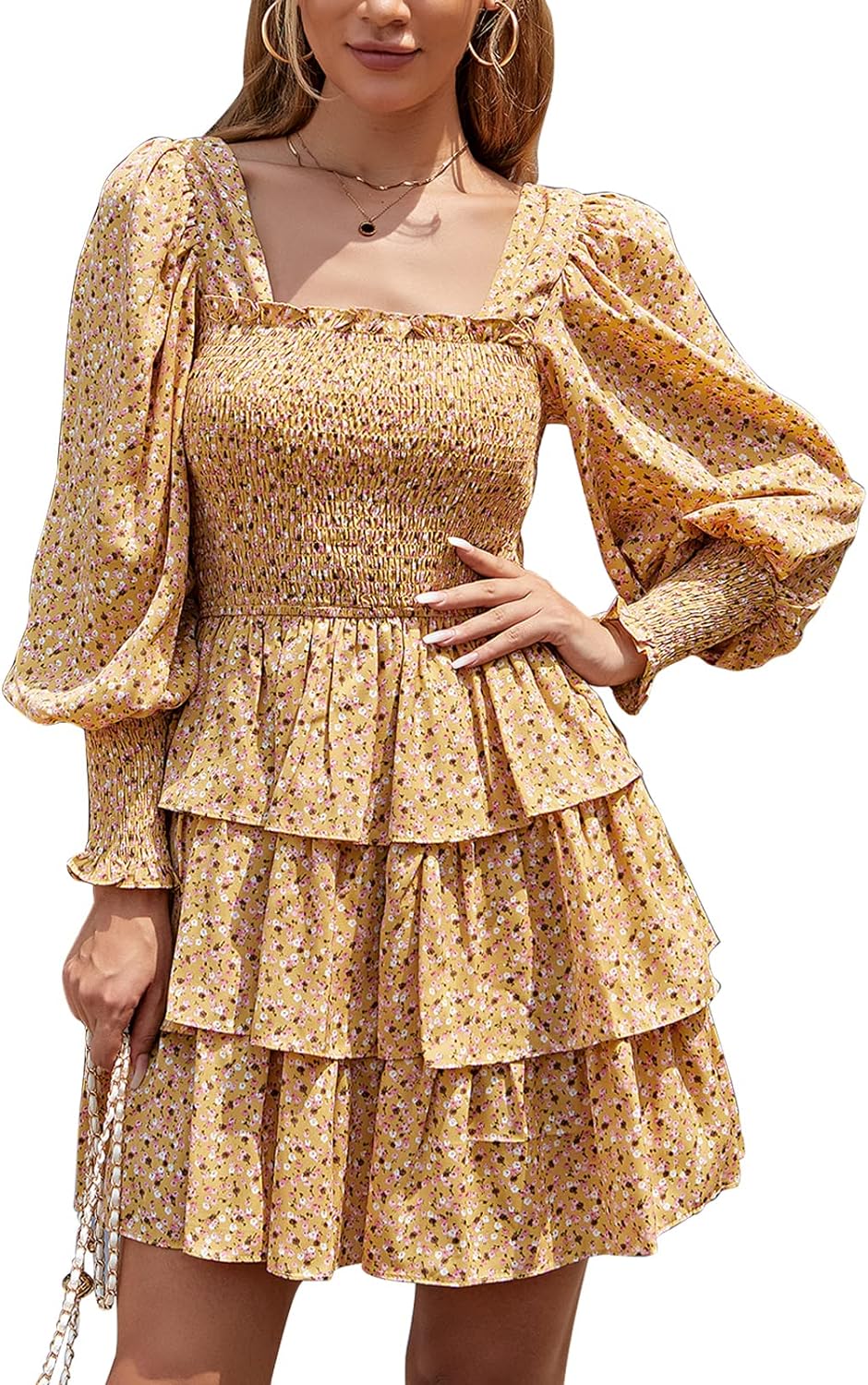 Byinns Women's 2024 Square Neck Ruffle Dress Long Sleeve Floral Print Tiered Tie Back Layered Swing Mini Dress