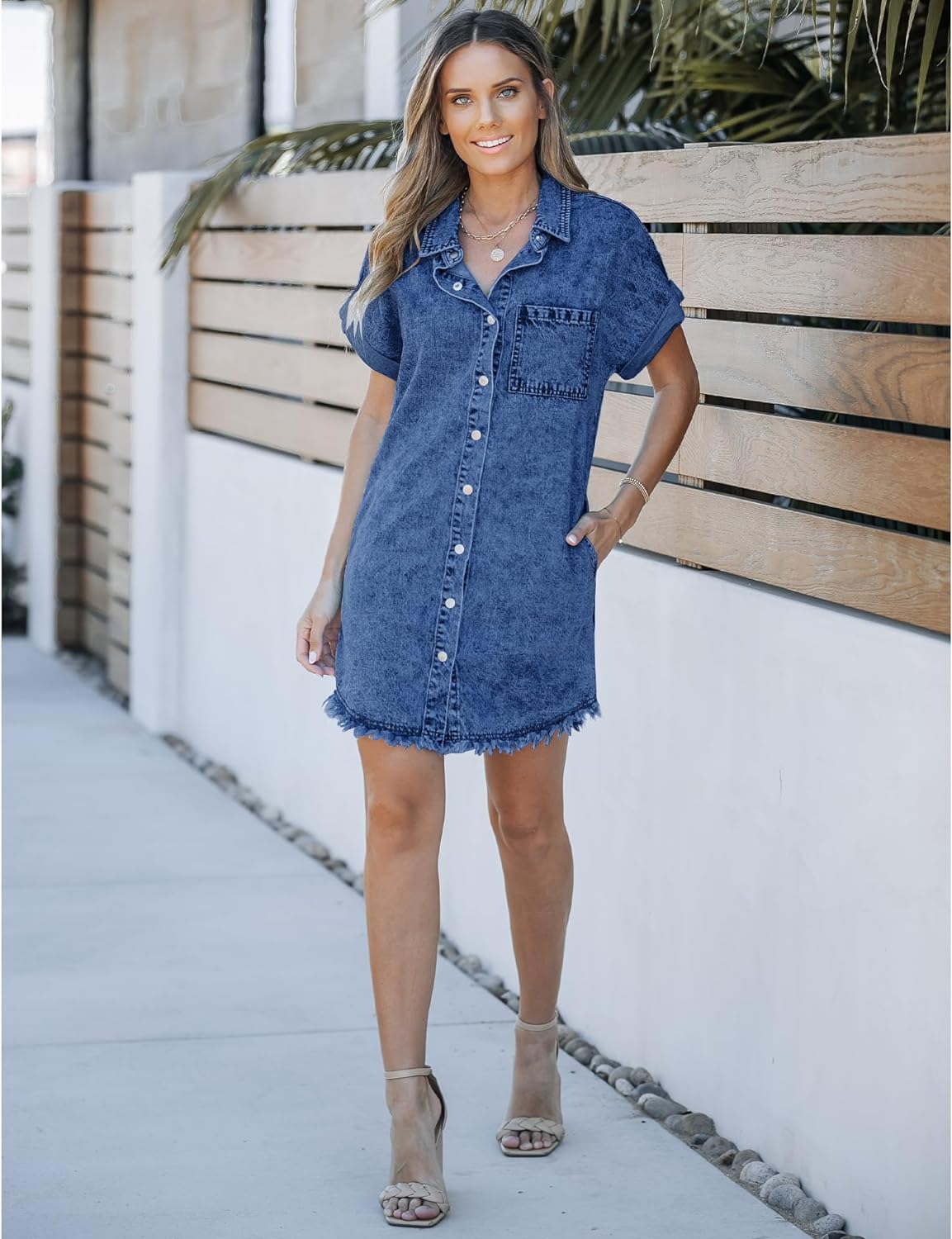 luvamia Denim Dress for Women Button Down Short Sleeves Casual Summer Jean Shirt Dresses with Pockets Frayed Hem