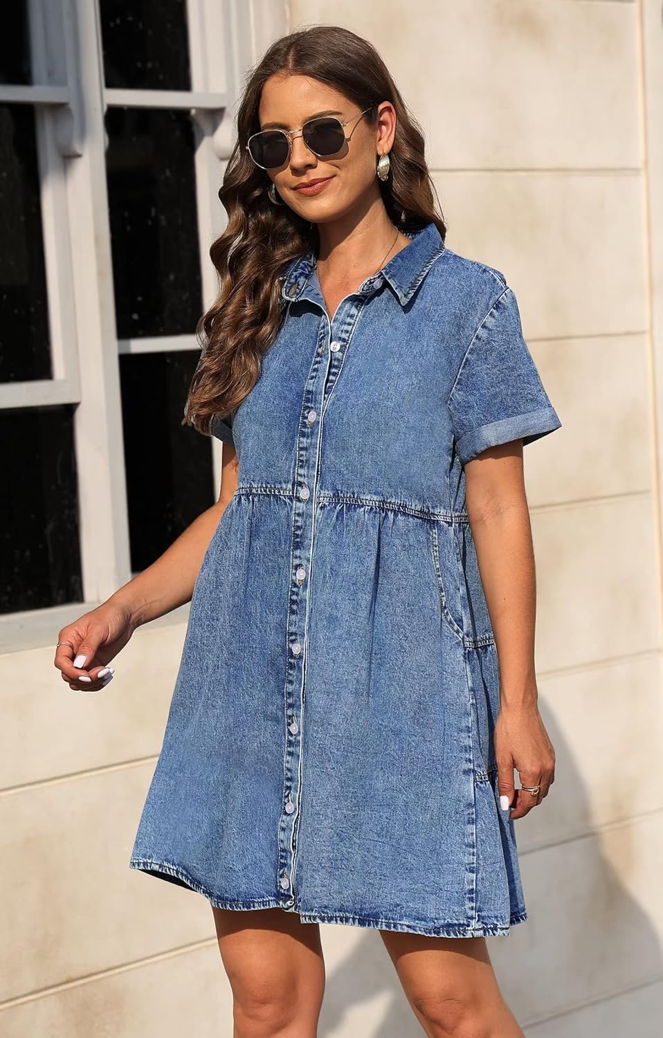 KDF Denim Dress for Women with Pockets Short Sleeve Babydoll Denim Shirt Dresses for Women 2023
