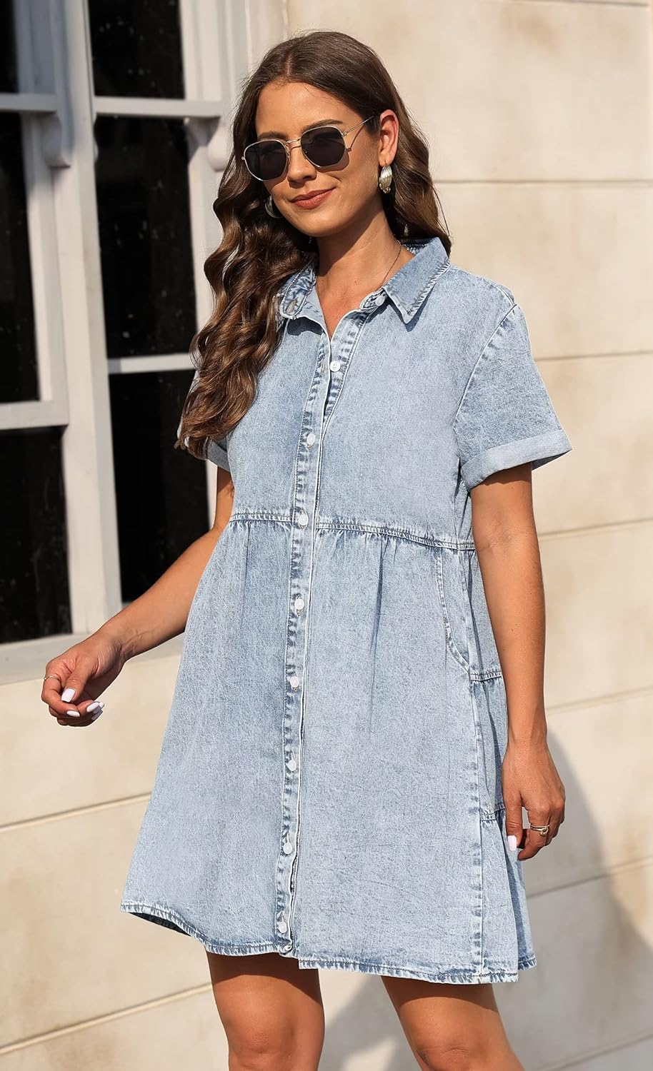 KDF Denim Dress for Women with Pockets Short Sleeve Babydoll Denim Shirt Dresses for Women 2023