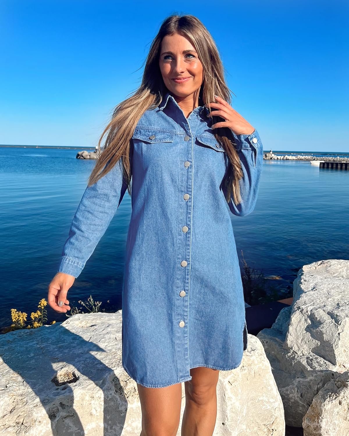 luvamia Denim Dress for Women 2024 Jean Spring Dresses Cowgirl Western Casual Long Sleeve Button Down Dress with Pockets