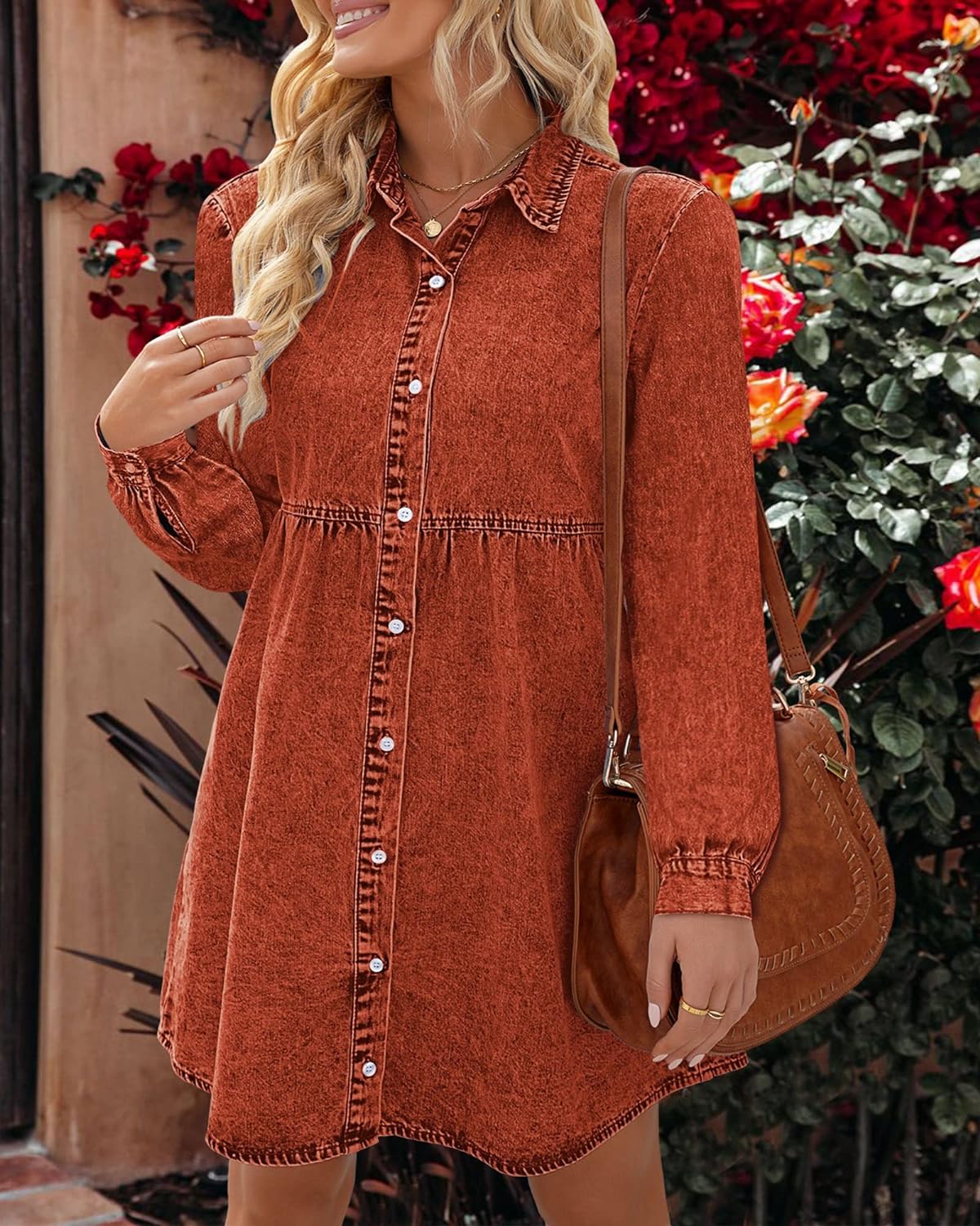 luvamia Denim Dress for Women Babydoll Flowy Cute Jean Shirt Dresses Long Sleeves