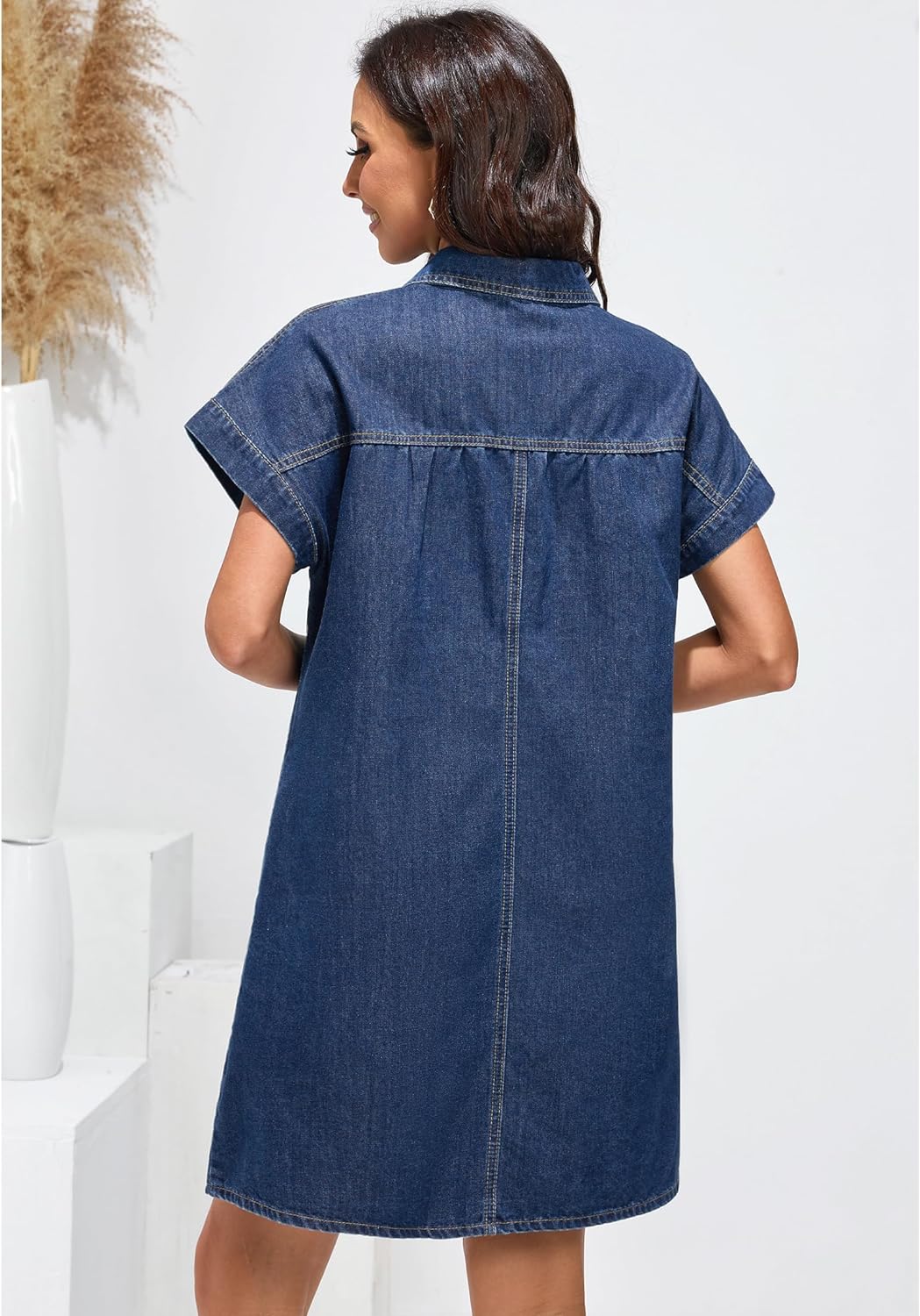 luvamia Denim Dress for Women Summer Short Sleeve Button Down Collared Pleated Western Jean Dresses with Pockets Relaxed