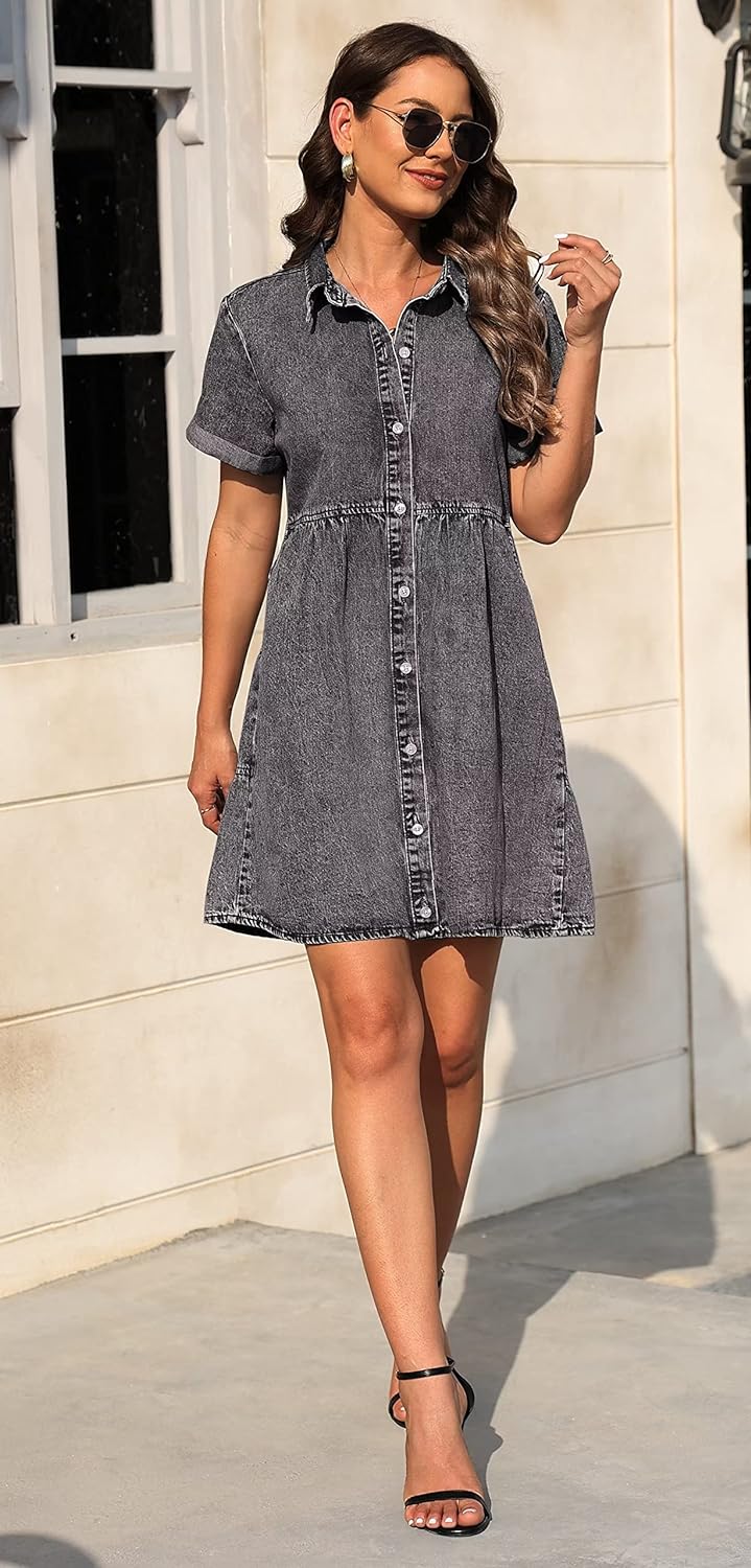 KDF Denim Dress for Women with Pockets Short Sleeve Babydoll Denim Shirt Dresses for Women 2023