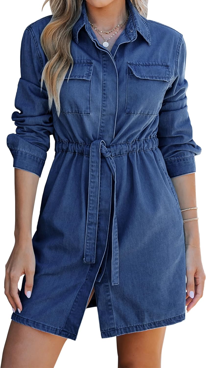 luvamia Denim Dress for Women Long Sleeve Jean Button Down Shirt Dresses with Pockets Casual Fashion Shift Short Dress