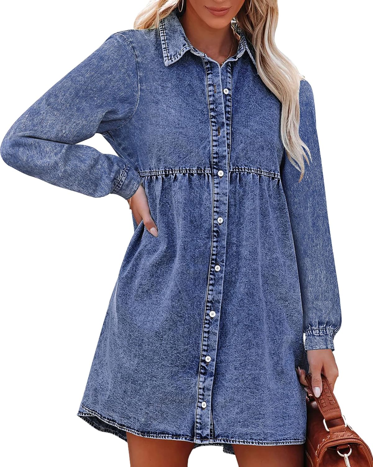luvamia Denim Dress for Women Babydoll Flowy Cute Jean Shirt Dresses Long Sleeves