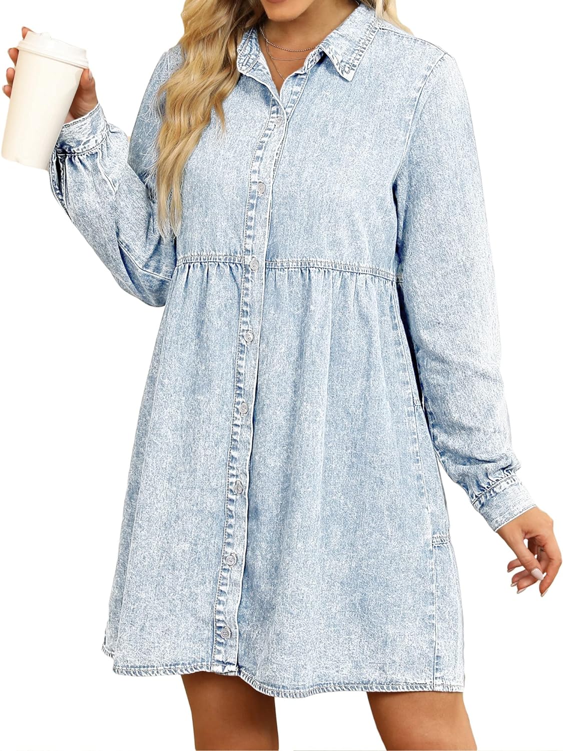 luvamia Denim Dress for Women Babydoll Flowy Cute Jean Shirt Dresses Long Sleeves
